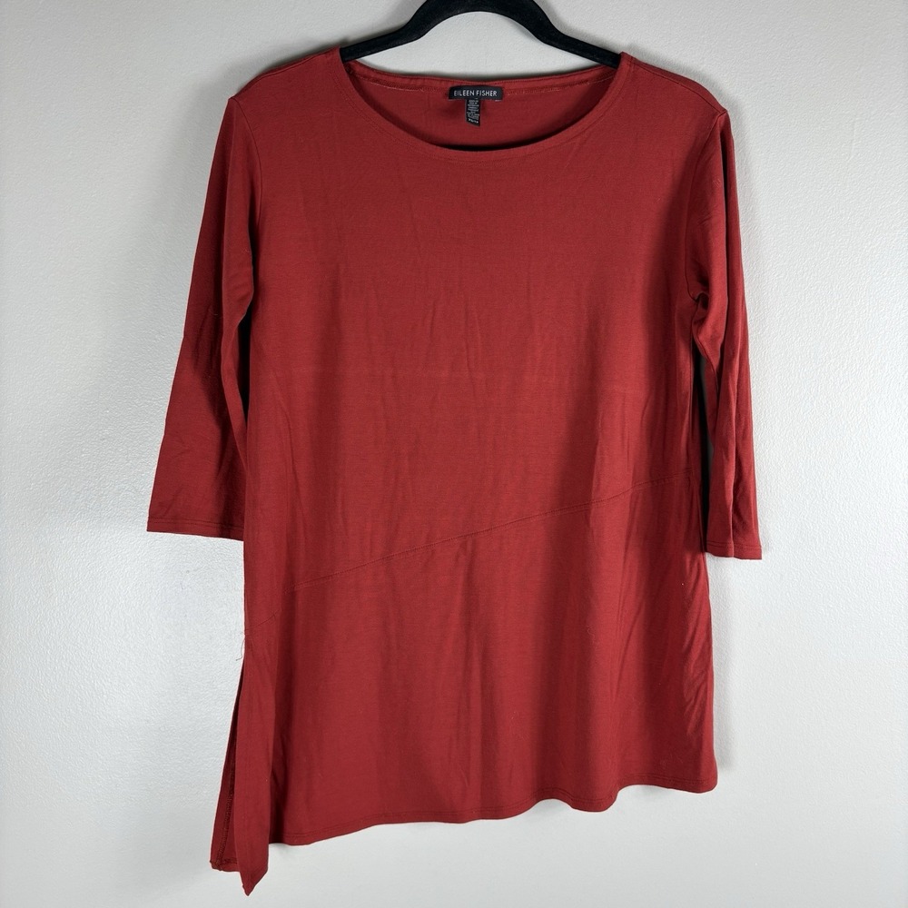 Eileen Fisher Women's XS Red 3/4‎ Sleeve Asymmetric Hem Lagenlook Pullover Top